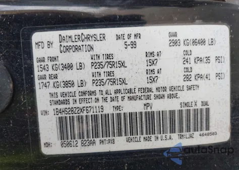 1999 Dodge Durango из США, поврежденный, VIN 1B4HS28Z2XF671119